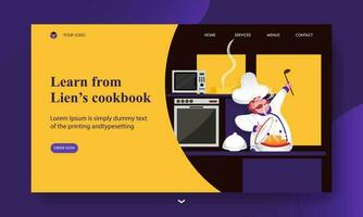 Learn from lien's cookbook concept based landing page design with chef character presenting chicken on kitchen view. vector