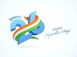 3D text 26 January with wavy tricolor ribbon on white background for Happy Republic Day celebration. vector