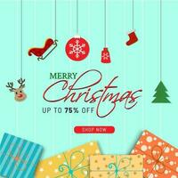 Merry Christmas poster or template design with discount offer and christmas elements decorated on blue striped background. vector