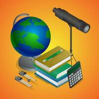 Realistic view of world globe stand with telescope, books, calculator and drawing compass on glossy orange background. vector