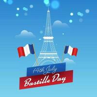 Line Art Eiffel Tower Monument with Wavy France Flags on Sky Blue Bokeh Background for 14th July, Bastille Day Concept. vector