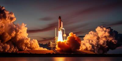 . . Photo realistic illustration of rocket shutle ship nasa launching. Adventure space travel explore vibe. Graphic Art