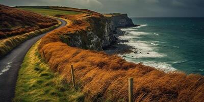 ai generado. ai generativo. foto realista fotografía ilustración de línea costera irlandesa la carretera viajar. montañas explorar aventuras viaje onda. gráfico Arte