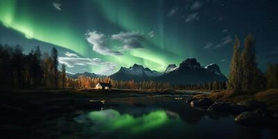. Photo realistic illustration of aurora northern light. Adventure expidition vibe. . Graphic Art