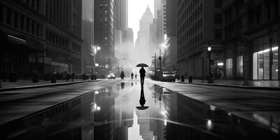 . . Monochrome black and white city urban photo realistic illustration with lonely person. Noir drama lonely vibe. Graphic Art