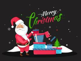 Calligraphy text of Merry Christmas with xmas tree and illustration of santa claus holding gift boxes on black background. Can be used as greeting card design. vector