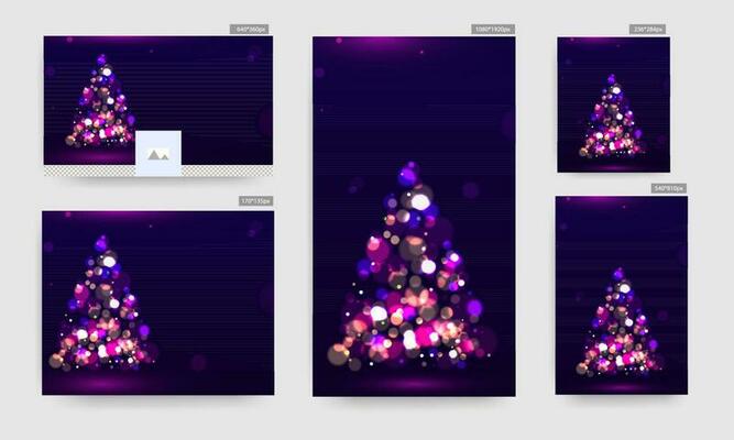 Purple Banner, Poster and Template Design with Creative Xmas Tree Made by Bokeh Lighting Effect for Merry Christmas Celebration.