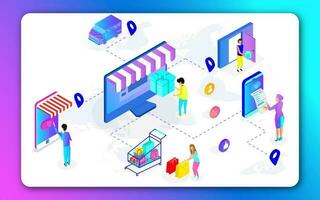 3d ilustración de en línea compras aplicación en computadora y teléfono inteligente, camión entrega el orden con ayuda de mapa navegación a el destino punto para en línea cliente servicio. vector