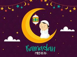 Muslim Boy Praying Namaz with Yellow Crescent Moon and Hanging Lantern on Purple Rhombus Pattern Background. vector