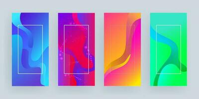 Promotional template or vertical banner design with abstract fluid art background in four color option. vector