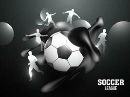 Soccer ball decorated with shiny fluid color art on gray background for Soccer League Game concept poster or banner design. vector