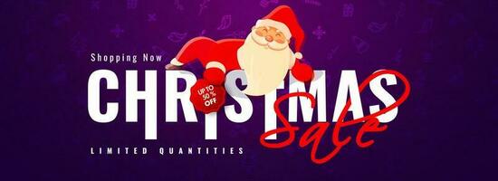 Christmas Sale header or banner design with discount offer and cute santa illustration on purple christmas elements background. vector