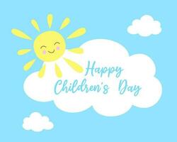 Happy Children's Day. Vector greeting card with cartoon sun and clouds.