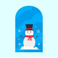 Isolated Cute Snowman Wearing Top Hat With Scarf At Window And Snowfall Blue Background. vector