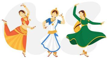 Character of Indian faceless women in traditional dancing pose for Independence Day celebration. vector