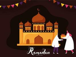 Muslim Woman Given Gift Box to Man in front of Mosque on Brown Background for Ramadan Kareem Celebration. vector