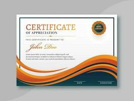 Certificate Of Appreciation Template Design with Orange Badge. vector