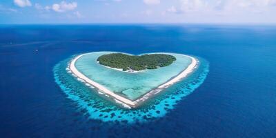 . . Aerial drone photo realistic illustration of island maldives in heart shape. Paradise adventure vacation tropical vibe. Graphic Art