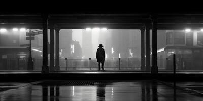 . . Monochrome black and white city urban photo realistic illustration with lonely person. Noir drama lonely vibe. Graphic Art