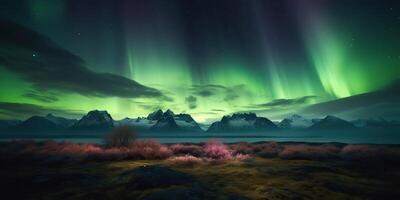 . Photo realistic illustration of aurora northern light. Adventure expidition vibe. . Graphic Art