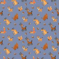 Seamless pattern with forest animals. Squirrel, wild boar, lynx, deer, roe deer. Design for fabric, textile, wallpaper, packaging. vector