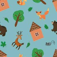 Seamless pattern with forest hut, animals and trees. Design for fabric, textile, wallpaper, packaging. vector