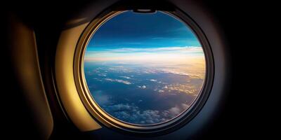 ai generado. ai generativo. foto realista ilustración de nubes encima cielo arriba en el aire ver mediante el aire avión aeronave ventana. aventuras viaje vacaciones onda. gráfico Arte