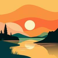 Evening sunset in orange colors on the mountain lake. Vector illustration in the style of flat. Sun, mountains, lake and trees.