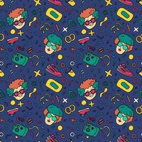 Y2k seamless pattern.  Trendy 90s and 80s seamless pattern with heads, sneakers and cool objects. Retro style background vector