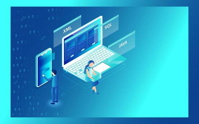 Isometric illustration of analyst or developer searching the problem in laptop and smartphone with different programming language sign for Web development concept.
