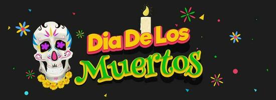 Website header or banner design with sticker style text of Dia De Muertos with sugar skull and illuminated candle on black background. vector