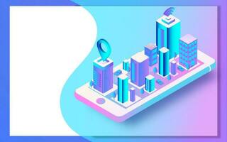 3D view of cityscape connected smartphone for Smart city concept. Can be used as web banner design. vector