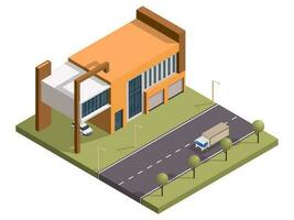 Isometric building with car parking and transport street background. vector