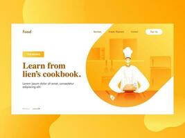 Learn from lien's cookbook landing page design with chef character presenting chicken on kitchen view. vector