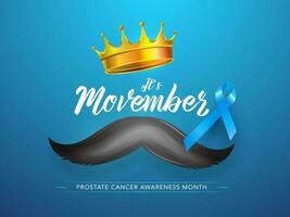 elegante texto de es movember con dorado corona, Bigote y SIDA cinta ilustración para próstata cáncer conciencia mes concepto establecido póster diseño. vector