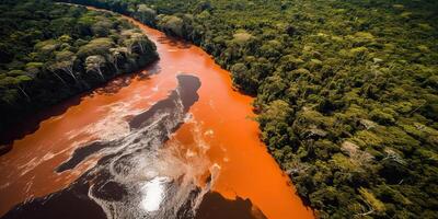 . . Photo realistic illustration of top view dron amazon river in the rain season. Adventure tropical explore vibe. Graphic Art