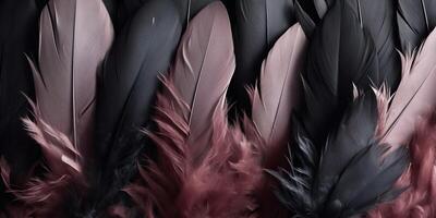 . . Photo realistic black feathers pattern background texture. Ellegant aesthetics luxury vibe. Graphic Art
