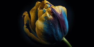 . . Blue and yellow aesthetics beautiful tulip flower in color of Ukraine. Romantic love vibe. Graphic Art photo