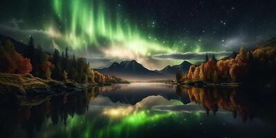 . Photo realistic illustration of aurora northern light. Adventure expidition vibe. . Graphic Art