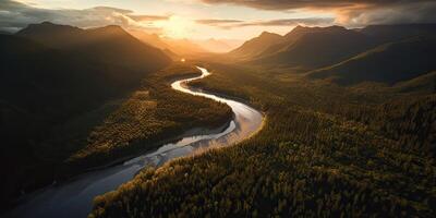 ai generado. ai generativo. aéreo zumbido parte superior alto Disparo foto ilustración de verde bosque y río. puesta de sol aventuras onda. gráfico Arte