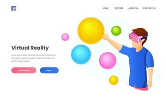 Illustration of boy wearing VR glasses watching colorful balls and bubble for Virtual Reality website poster or landing page design. vector