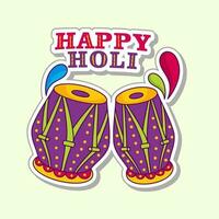 Happy Holi Text With Tabla And Arc Drop On Cosmic Yellow Background For Festival Celebration Concept. vector