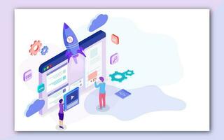 Business people working on project with rocket and different programming language sign for Web Development concept based isometric design. vector