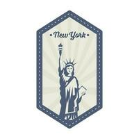 New York Stamp Or Label Design With Statue Of Liberty Against Rays Hexagon Background In Navy Blue And Grey Color. vector