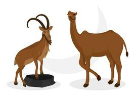 Animal character of goat and camel standing on white background. vector