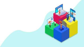 3D illustration of miniature business people analysis the data with digital devices on different platform for Company growth or success. Can be used as web banner design. vector