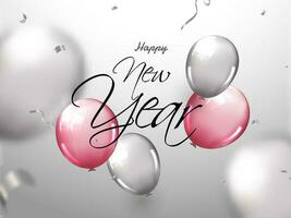 Happy New Year Font on Grey Background decorated with Silver and Pink Glossy Balloons. vector