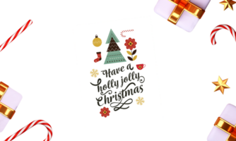 top visie van vrolijk Kerstmis groet kaart met 3d geschenk dozen, snoep wandelstokken, gouden sterren en sneeuwvlokken. png