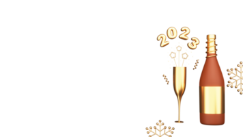 3D Golden 2023 Number With Champagne Bottle, Flute Glass, Star Sticks, Swirl Ribbon, Snowflake. png