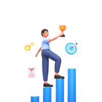 3D Render of Businessman Holding Trophy Cup At Bar Graph With Target Board, Cogwheel, Hourglass png